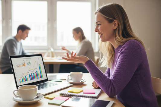 Eloisa yrittäjänainen suunnittelemassa markkinointia tietokoneen äärellä