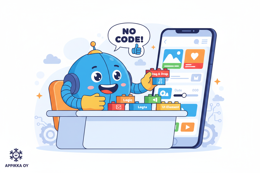 Hauska piirroskuva robotista rakentamassa mobiilisovellusta no-code tekoälyllä ilman koodausta