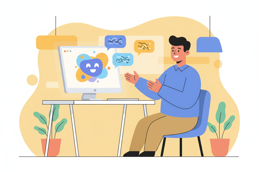 Piirroshahmo työntekijä juttelee Google AI Studion kanssa tietokoneella