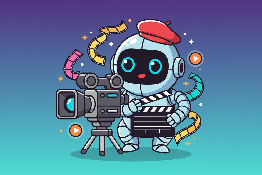 Hauska piirroskäuva robottielokuvaohjaajasta video-tekoälyn symbolina