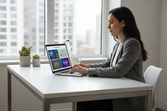 Yrittäjä luomassa ammattitason mainoksia tekoälytyökaluilla – Canva, FlexClip, Adobe Firefly ja Shopify Sidekick vertailussa 2026